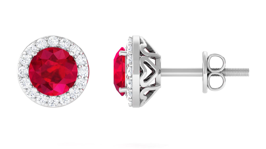 Classic Round Lab Grown Ruby Stud Earrings with Halo Lab Created Ruby - ( AAAA ) - Quality - Vibrant Grown Labs