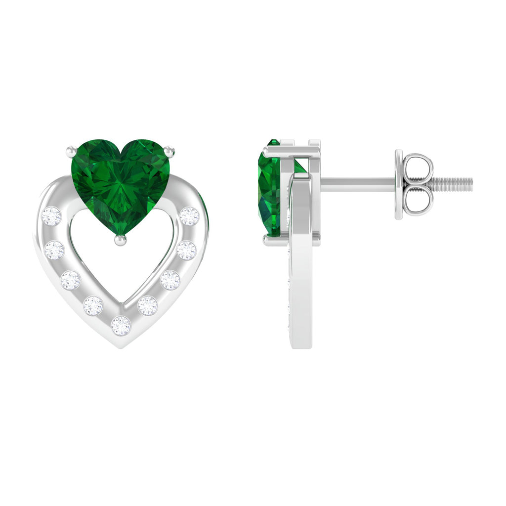 Heart Stud Earrings with Lab Grown Emerald Lab Created Emerald - ( AAAA ) - Quality - Vibrant Grown Labs