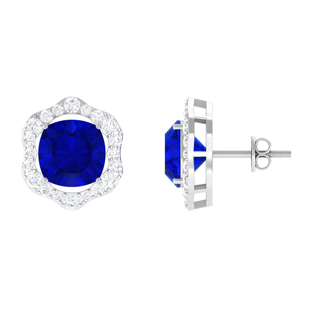 Classic Lab Grown Blue Sapphire Stud Earrings with Halo Lab Created Blue Sapphire - ( AAAA ) - Quality - Vibrant Grown Labs