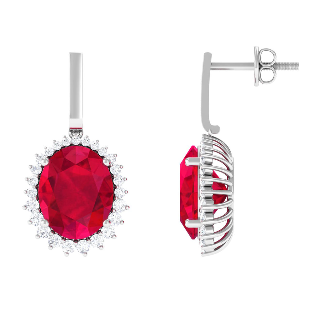 Oval Shape Lab Grown Ruby Drop Earrings with Halo Lab Created Ruby - ( AAAA ) - Quality - Vibrant Grown Labs