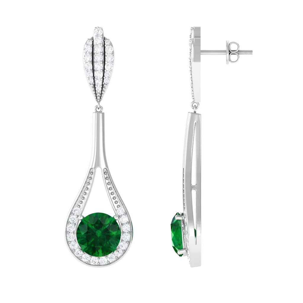 Round Lab Grown Emerald Drop Earrings Lab Created Emerald - ( AAAA ) - Quality - Vibrant Grown Labs