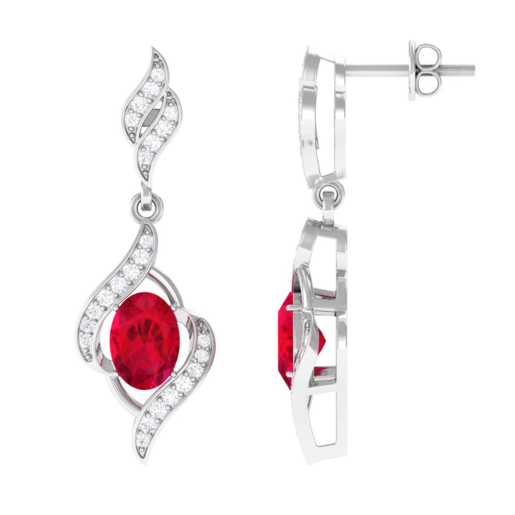 Minimal Lab Grown Ruby Drop Earrings with Accent Lab Created Ruby - ( AAAA ) - Quality - Vibrant Grown Labs