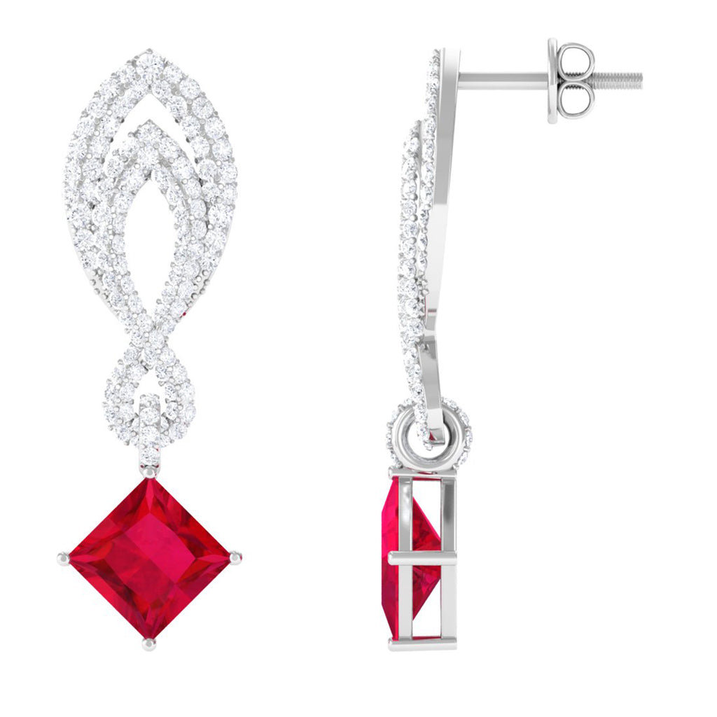 Minimal Lab Created Ruby Drop Earrings with Diamond Lab Created Ruby - ( AAAA ) - Quality - Vibrant Grown Labs