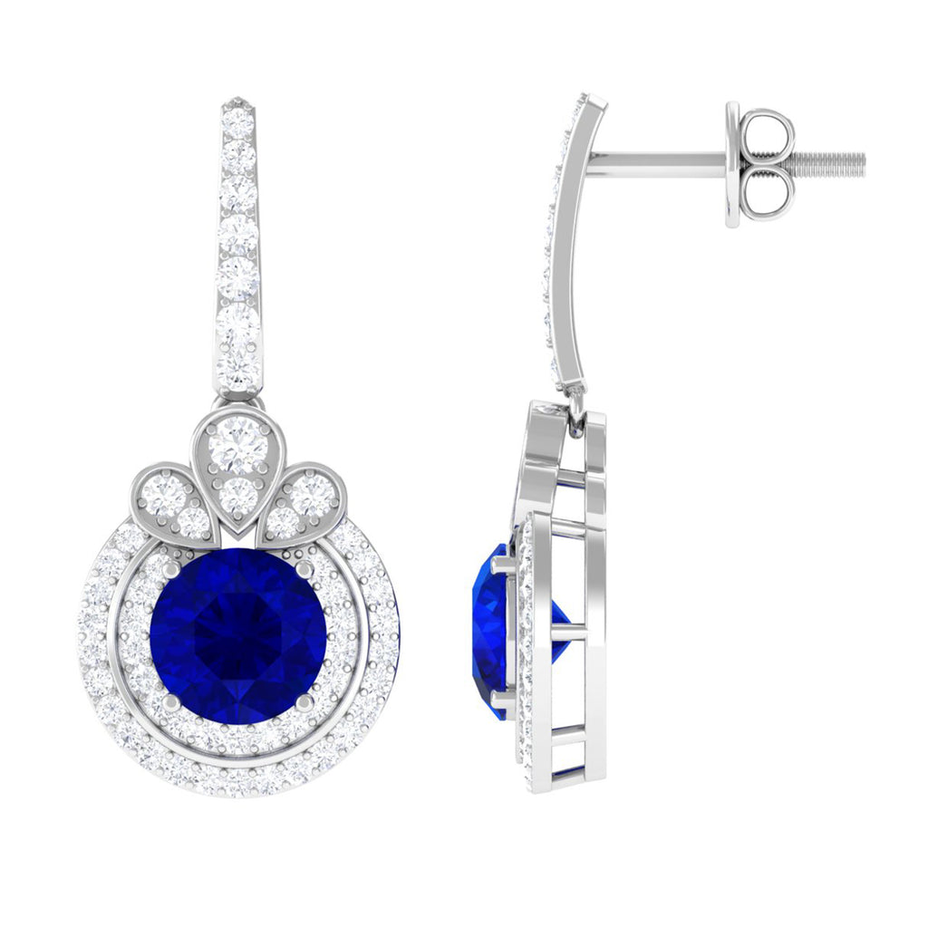 Classic Lab Grown Blue Sapphire Drop Earrings with Halo Lab Created Blue Sapphire - ( AAAA ) - Quality - Vibrant Grown Labs