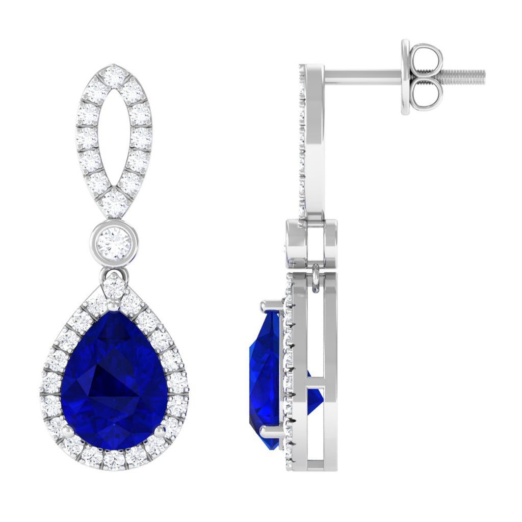 Designer Lab Grown Sapphire Drop Earrings with Diamond Lab Created Blue Sapphire - ( AAAA ) - Quality - Vibrant Grown Labs