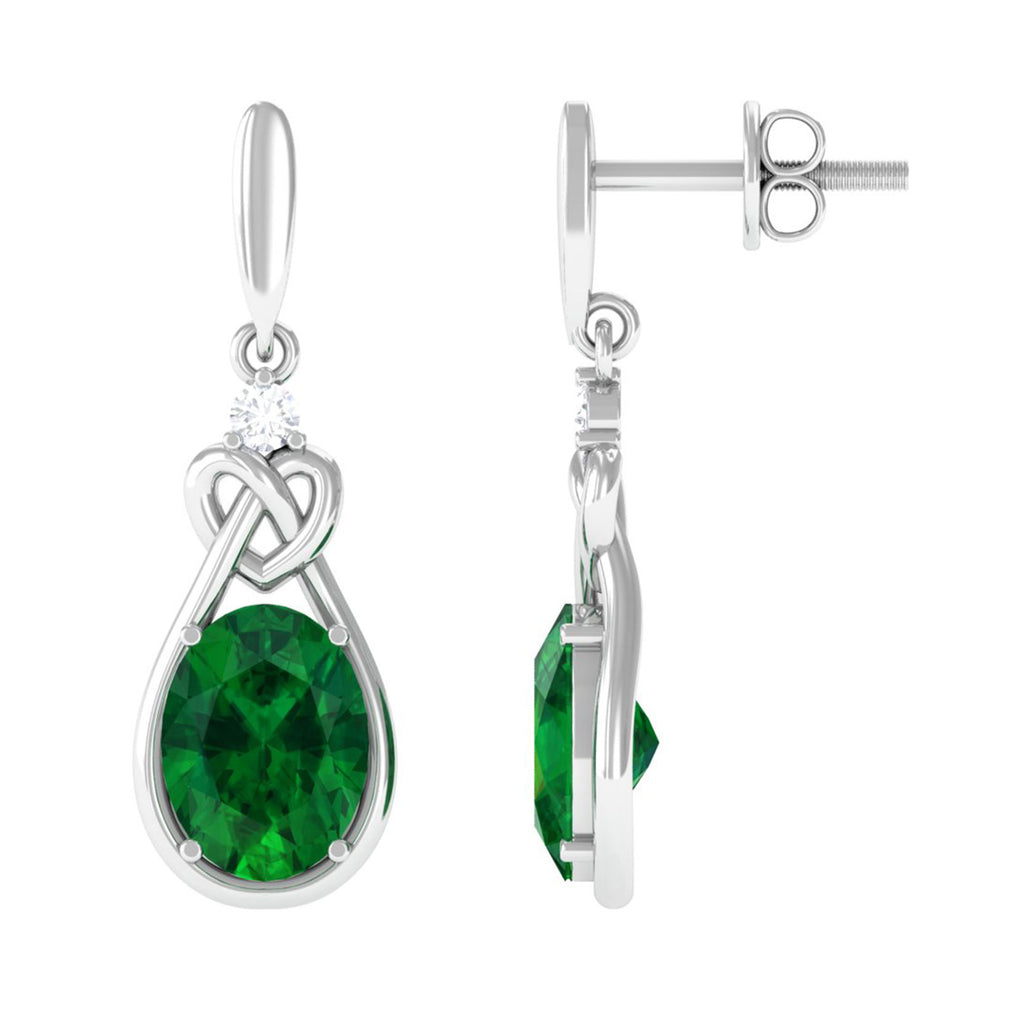Oval Lab Created Emerald Love Knot Dangle Earrings Lab Created Emerald - ( AAAA ) - Quality - Vibrant Grown Labs