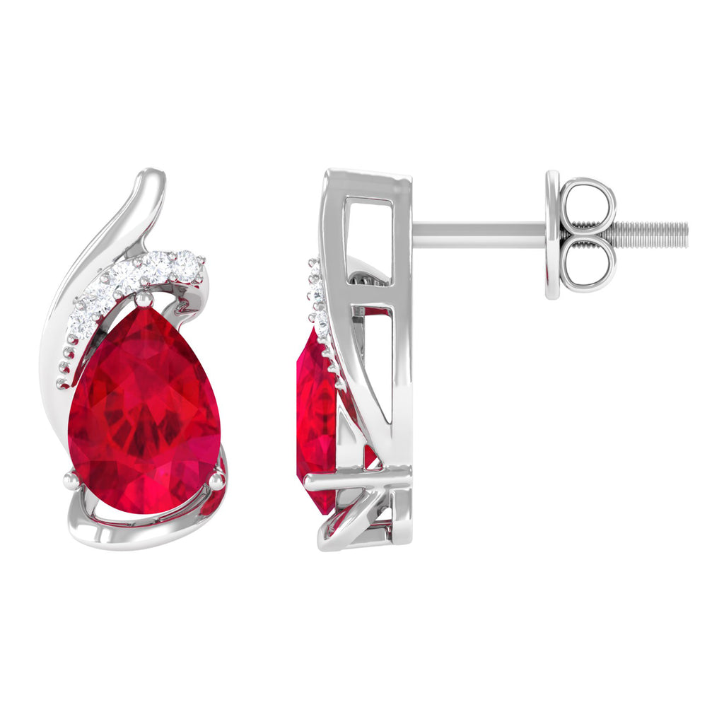 Lab Created Ruby Teardrop Minimal Stud Earrings with Accent Lab Created Ruby - ( AAAA ) - Quality - Vibrant Grown Labs