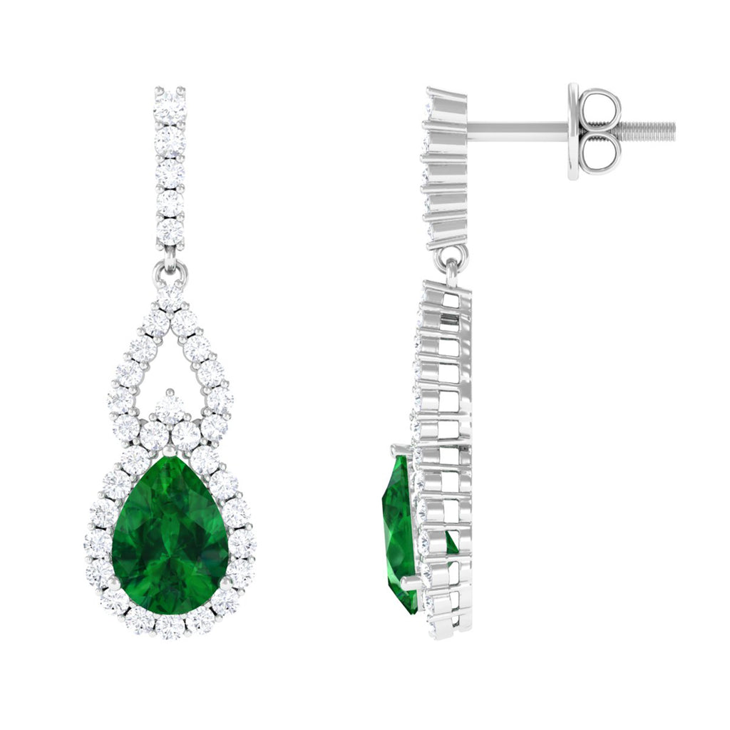 Pear Shape Created Emerald Drop Earrings with Accent Lab Created Emerald - ( AAAA ) - Quality - Vibrant Grown Labs