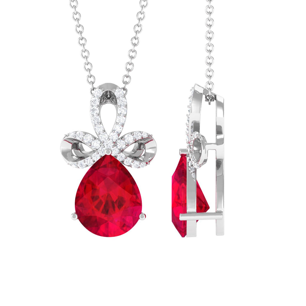 Designer Lab Grown Ruby Pendant Necklace with Diamond Lab Created Ruby - ( AAAA ) - Quality - Vibrant Grown Labs