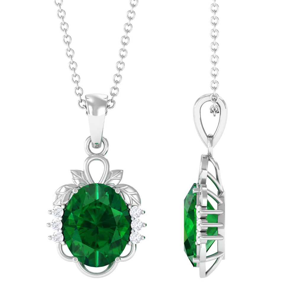 Created Emerald Oval Statement Pendant Necklace with Diamond Lab Created Emerald - ( AAAA ) - Quality - Vibrant Grown Labs