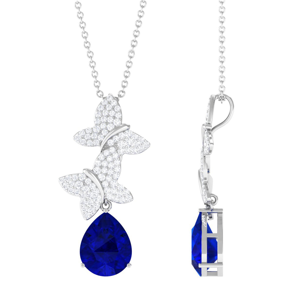 Created Blue Sapphire Pendant Necklace with Diamond Butterflies Lab Created Blue Sapphire - ( AAAA ) - Quality - Vibrant Grown Labs