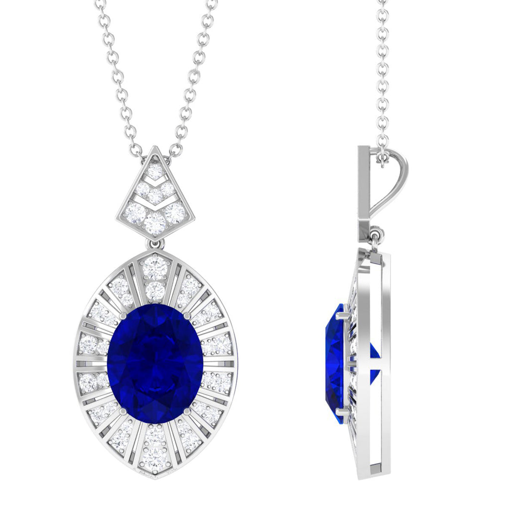 Oval Lab Created Blue Sapphire Art Deco Pendant Necklace with Diamond Lab Created Blue Sapphire - ( AAAA ) - Quality - Vibrant Grown Labs