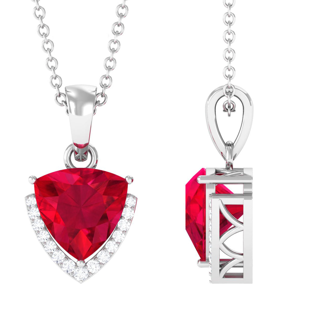 Minimal Created Ruby Trilliant Pendant Necklace with Diamond Accent Lab Created Ruby - ( AAAA ) - Quality - Vibrant Grown Labs