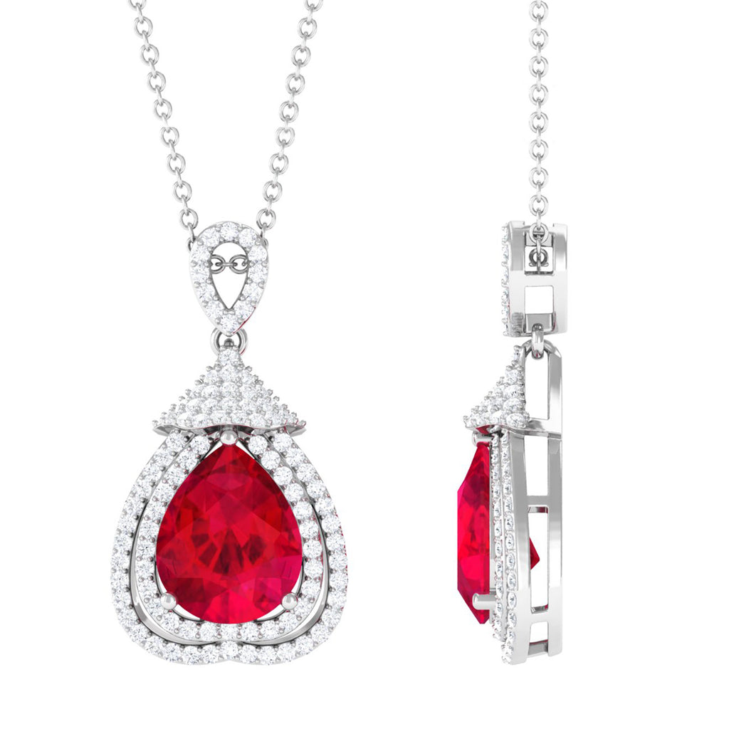 Lab Grown Ruby Statement Pendant Necklace with Diamond Accent Lab Created Ruby - ( AAAA ) - Quality - Vibrant Grown Labs