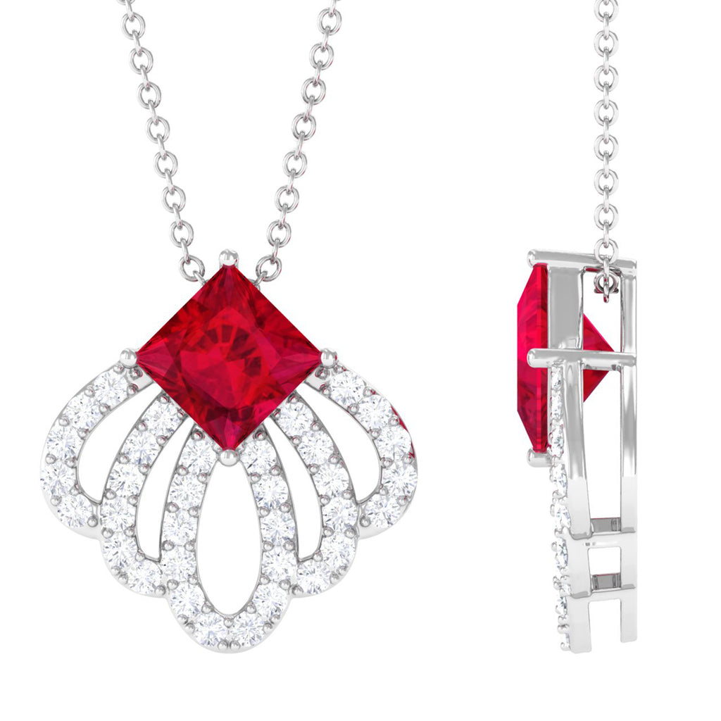Lab Grown Ruby Floral Pendant Necklace with Diamond Lab Created Ruby - ( AAAA ) - Quality - Vibrant Grown Labs