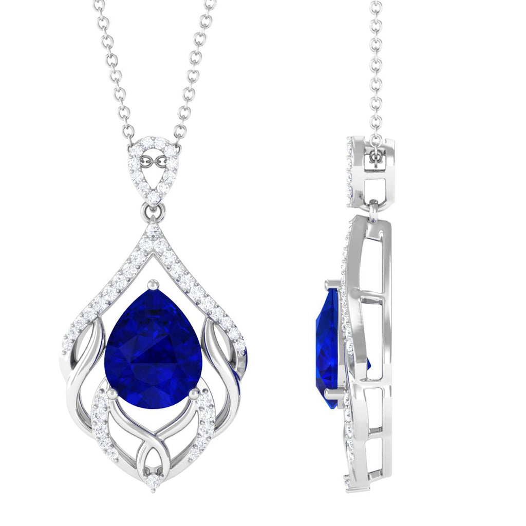 Lab Grown Blue Sapphire Teardrop Pendant Necklace with Diamond Accent Lab Created Blue Sapphire - ( AAAA ) - Quality - Vibrant Grown Labs