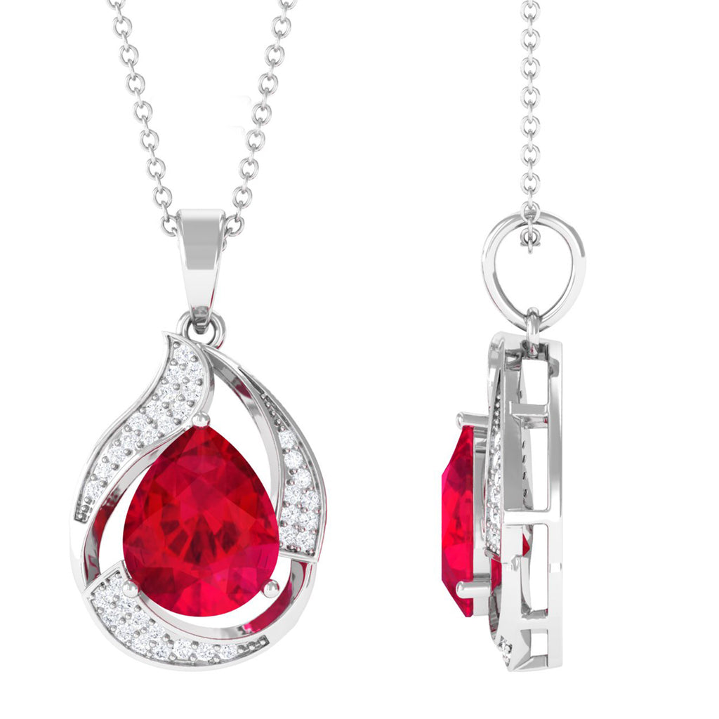 Lab Created Ruby Leaf Teardrop Pendant Necklace with Diamond Lab Created Ruby - ( AAAA ) - Quality - Vibrant Grown Labs