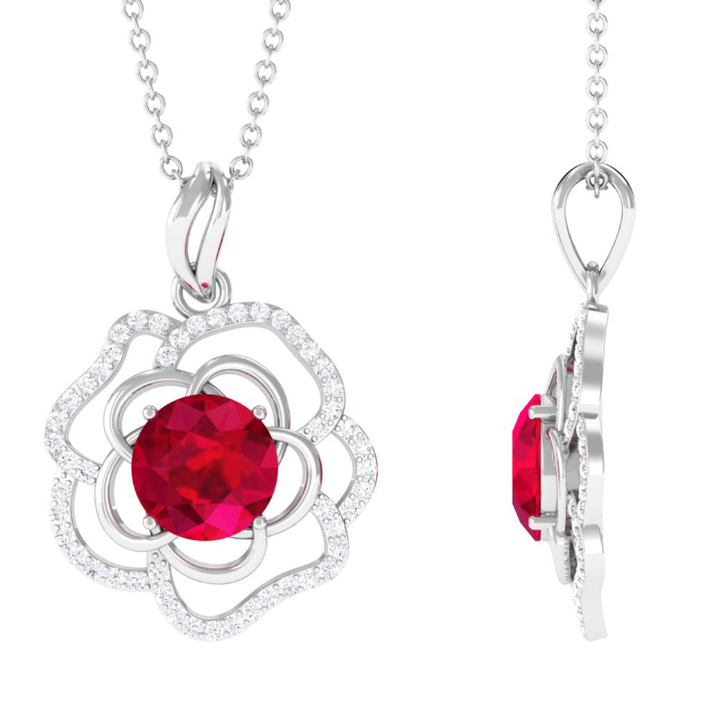 Lab Grown Ruby Floral Inspired Pendant Necklace with Accent Lab Created Ruby - ( AAAA ) - Quality - Vibrant Grown Labs