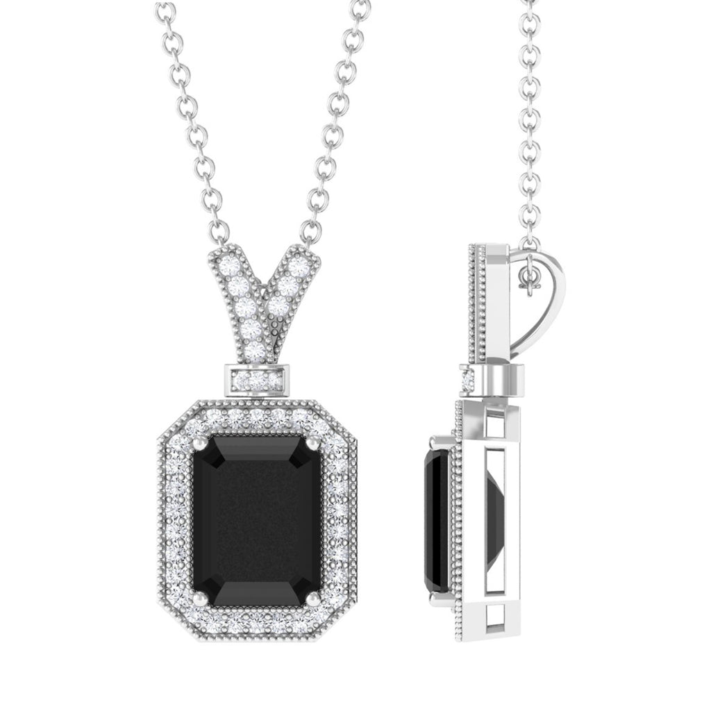 Emerald Cut Lab Grown Black Diamond Pendant Necklace with Halo Lab Created Black Diamond - ( AAAA ) - Quality - Vibrant Grown Labs