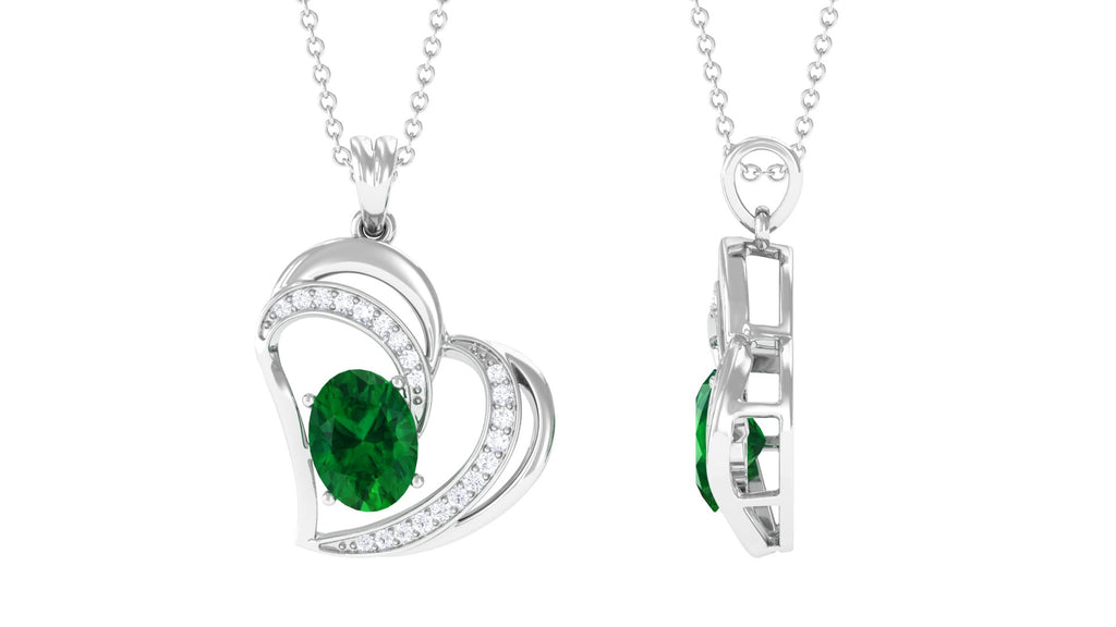 Lab Grown Emerald Heart Pendant Necklace with Accent Lab Created Emerald - ( AAAA ) - Quality - Vibrant Grown Labs