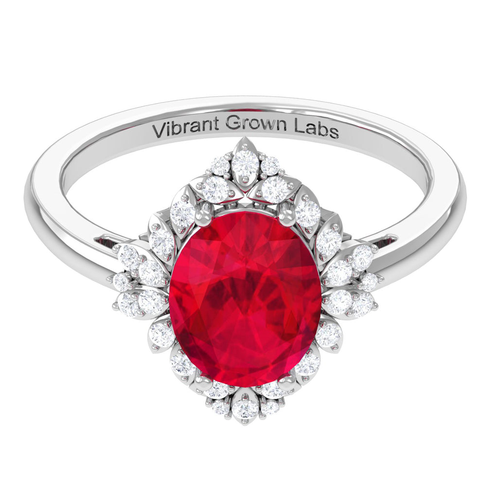 Lab Grown Ruby Statement Ring with Diamond Halo Lab Created Ruby - ( AAAA ) - Quality - Vibrant Grown Labs
