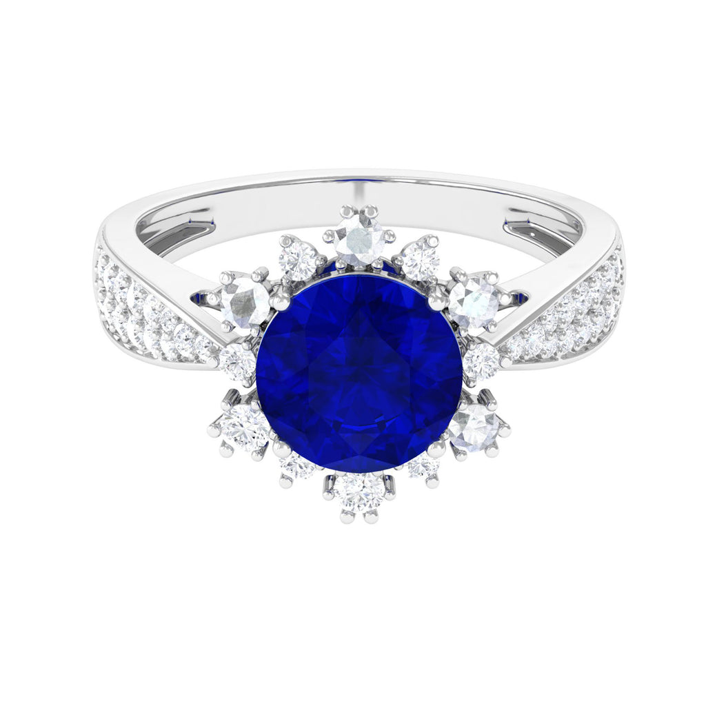 Classic Lab Grown Blue Sapphire Engagement Ring with Accent Lab Created Blue Sapphire - ( AAAA ) - Quality - Vibrant Grown Labs