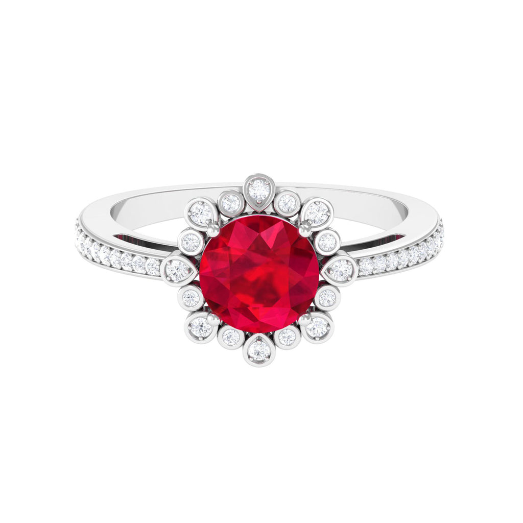 Lab Grown Ruby Vintage Engagement Ring with Lab Grown Diamond Lab Created Ruby - ( AAAA ) - Quality - Vibrant Grown Labs