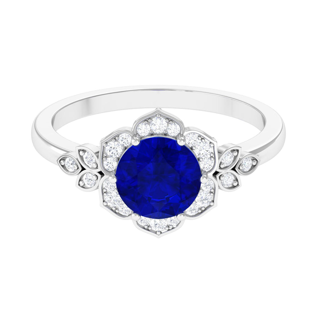 Round Created Blue Sapphire Flower Engagement Ring with Diamond Lab Created Blue Sapphire - ( AAAA ) - Quality - Vibrant Grown Labs