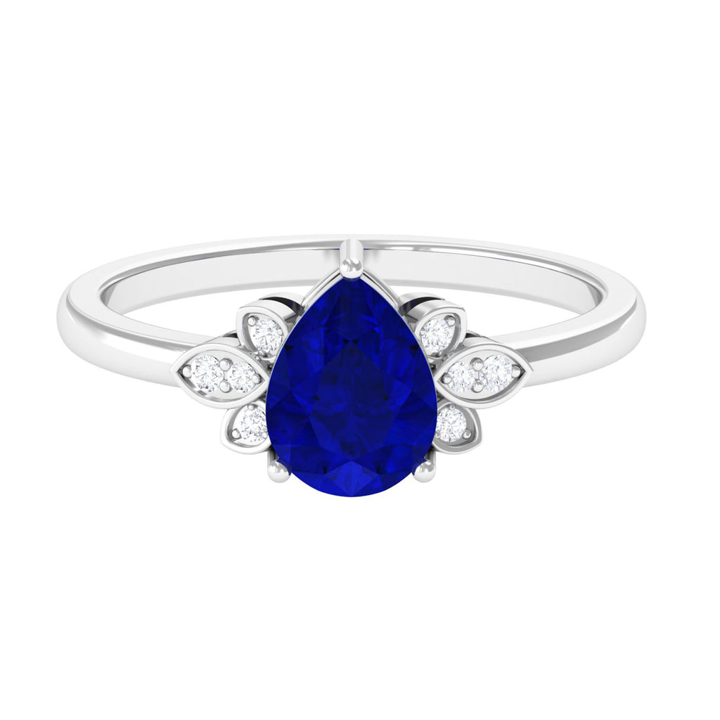 Nature Inspired Lab Grown Blue Sapphire Solitaire Engagement Ring with Accent Lab Created Blue Sapphire - ( AAAA ) - Quality - Vibrant Grown Labs