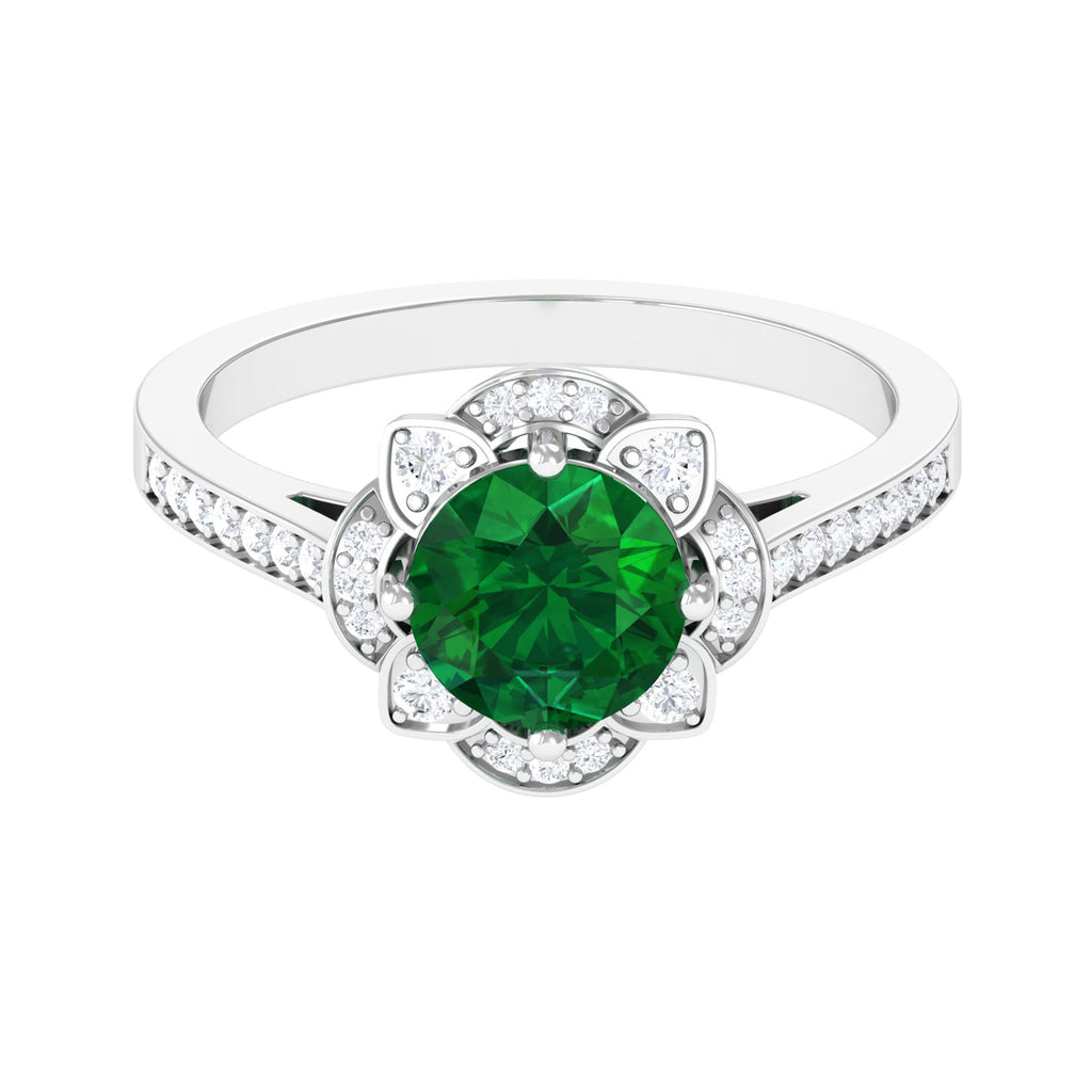 Lab Created Emerald Vintage Inspired Engagement Ring with Accent Lab Created Emerald - ( AAAA ) - Quality - Vibrant Grown Labs