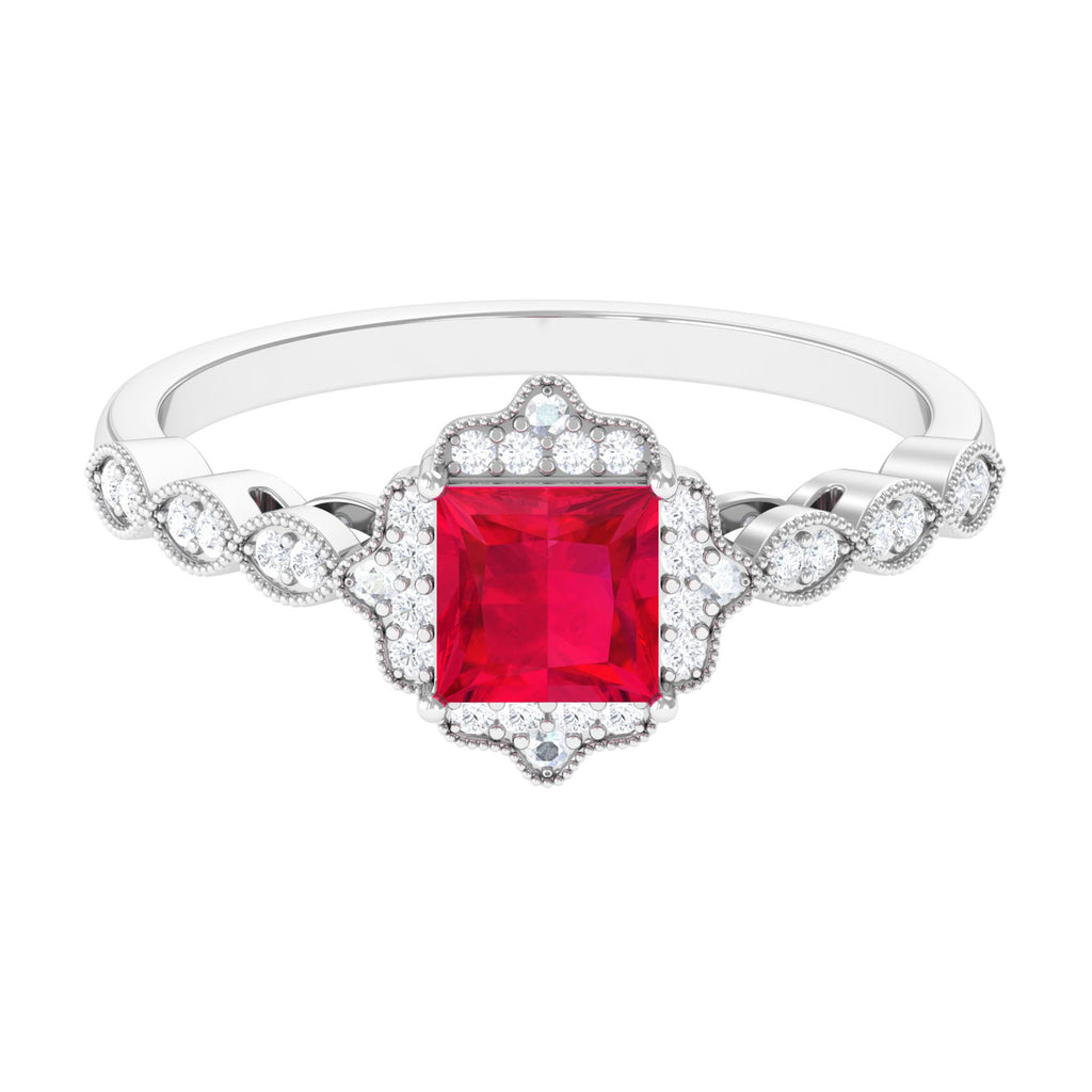 Vintage Inspired Created Ruby Engagement Ring with Diamond Lab Created Ruby - ( AAAA ) - Quality - Vibrant Grown Labs