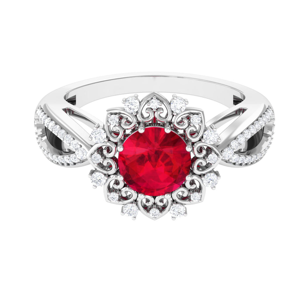 Lab Created Ruby Statement Engagement Ring with Accent Lab Created Ruby - ( AAAA ) - Quality - Vibrant Grown Labs