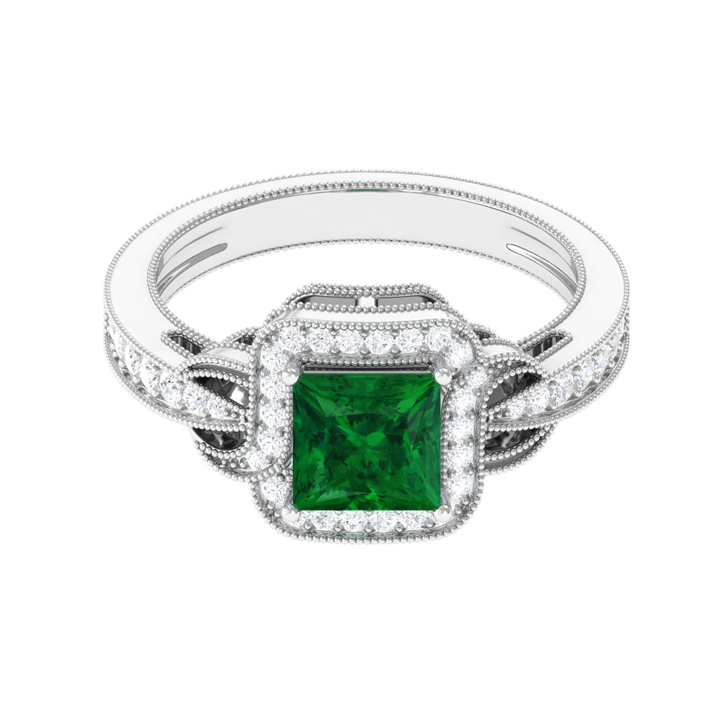 Princess Cut Lab Grown Emerald Engagement Ring with Accent Lab Created Emerald - ( AAAA ) - Quality - Vibrant Grown Labs