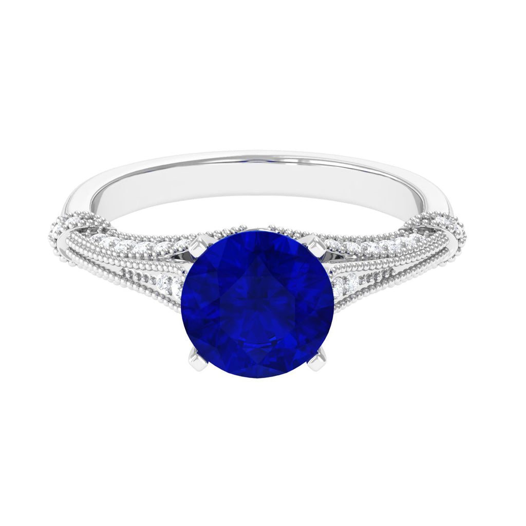 Lab Grown Blue Sapphire Solitaire Engagement Ring with Accent Lab Created Blue Sapphire - ( AAAA ) - Quality - Vibrant Grown Labs