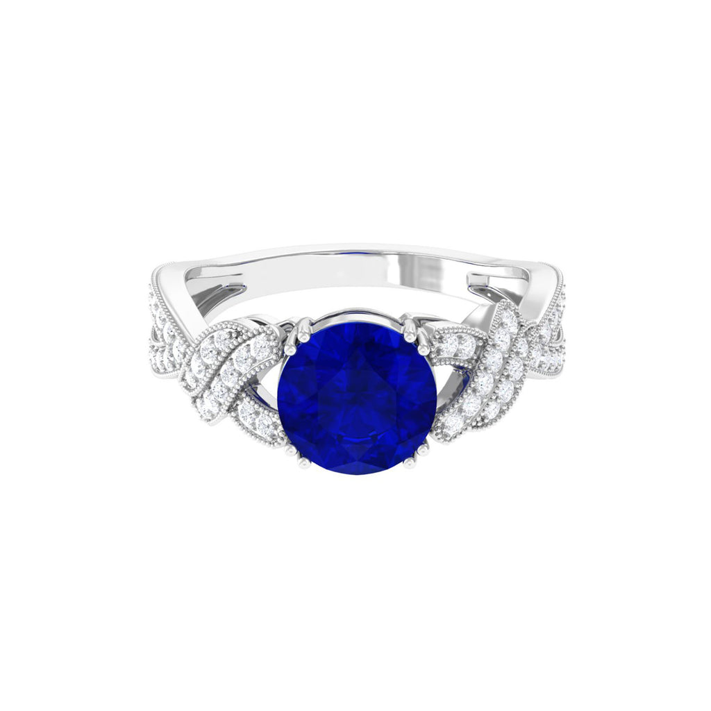 Solitaire Lab Grown Blue Sapphire Engagement Ring with Accent Lab Created Blue Sapphire - ( AAAA ) - Quality - Vibrant Grown Labs