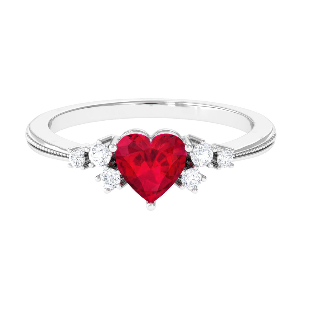 Minimal Lab Grown Ruby Heart Ring with Accent Lab Created Ruby - ( AAAA ) - Quality - Vibrant Grown Labs