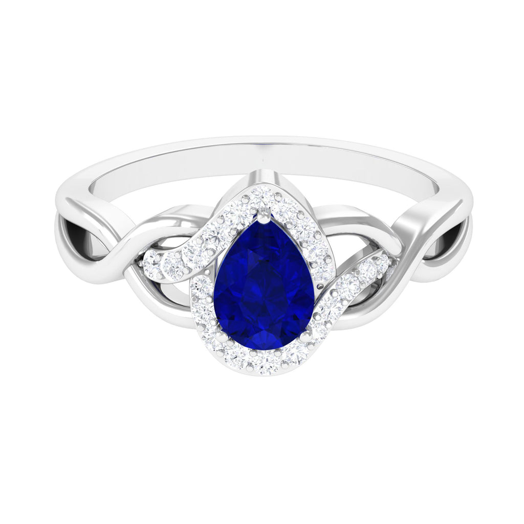 Pear Shape Lab Grown Blue Sapphire Engagement Ring with Halo Lab Created Blue Sapphire - ( AAAA ) - Quality - Vibrant Grown Labs