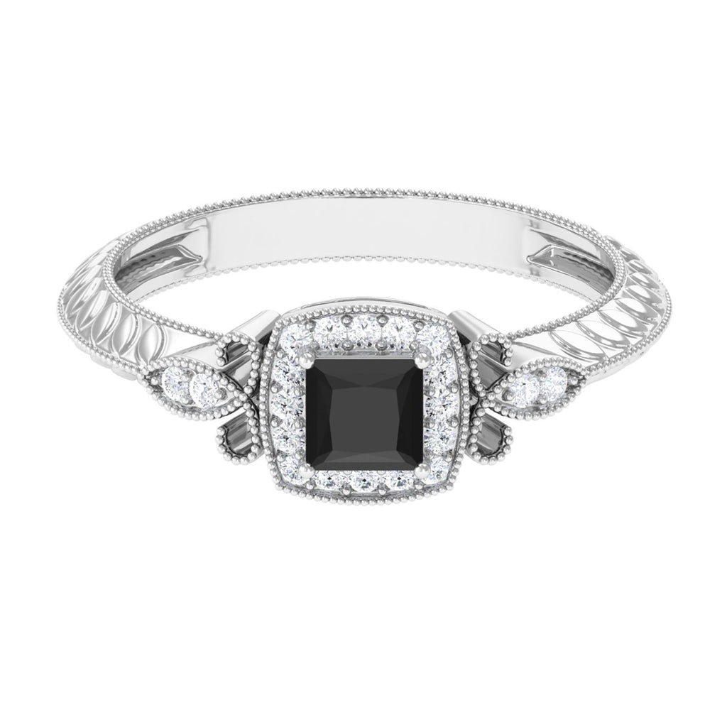 Princess Cut Lab Grown Black Diamond Art Deco Promise Ring Lab Created Black Diamond - ( AAAA ) - Quality - Vibrant Grown Labs