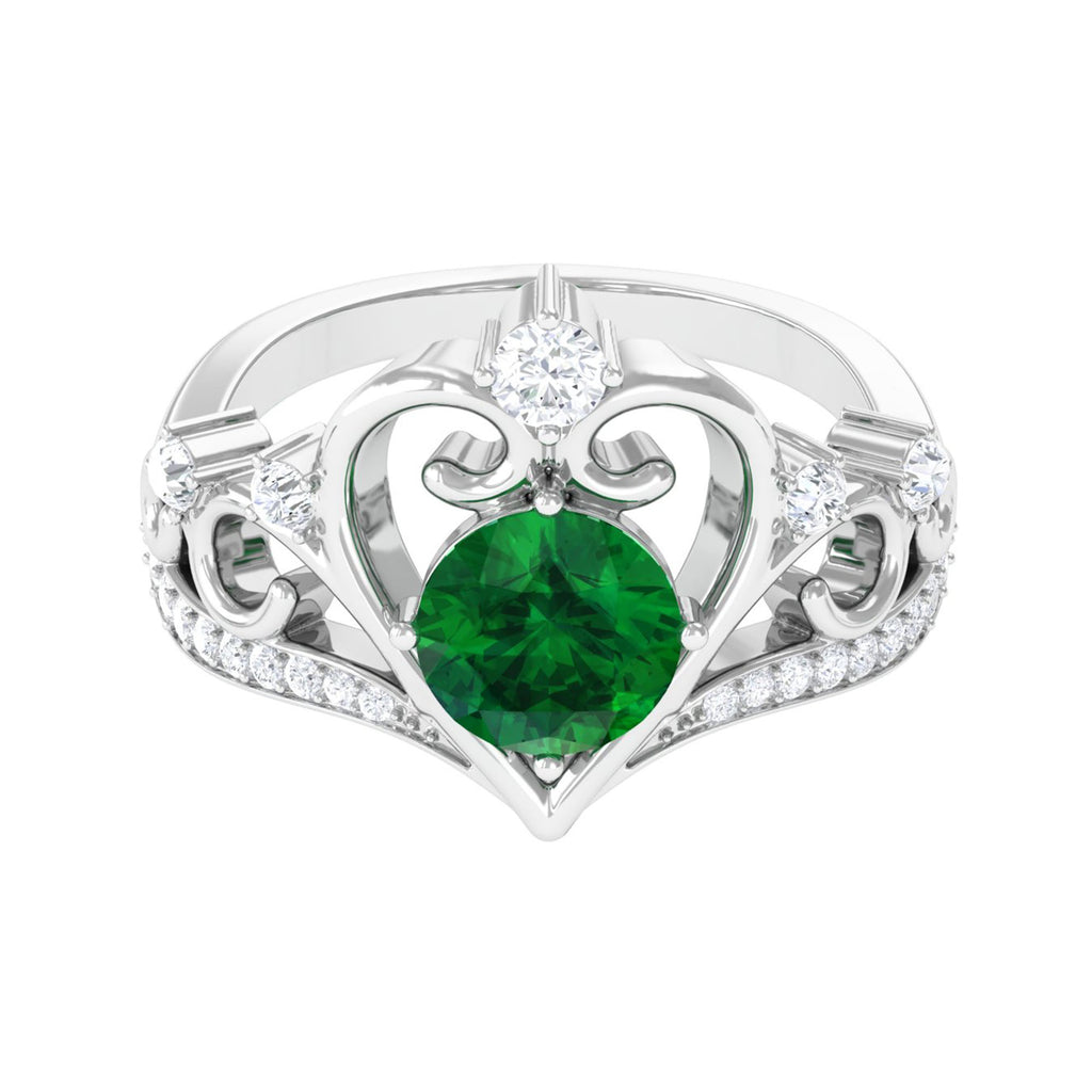 Classic Lab Grown Emerald Crown Engagement Ring Lab Created Emerald - ( AAAA ) - Quality - Vibrant Grown Labs