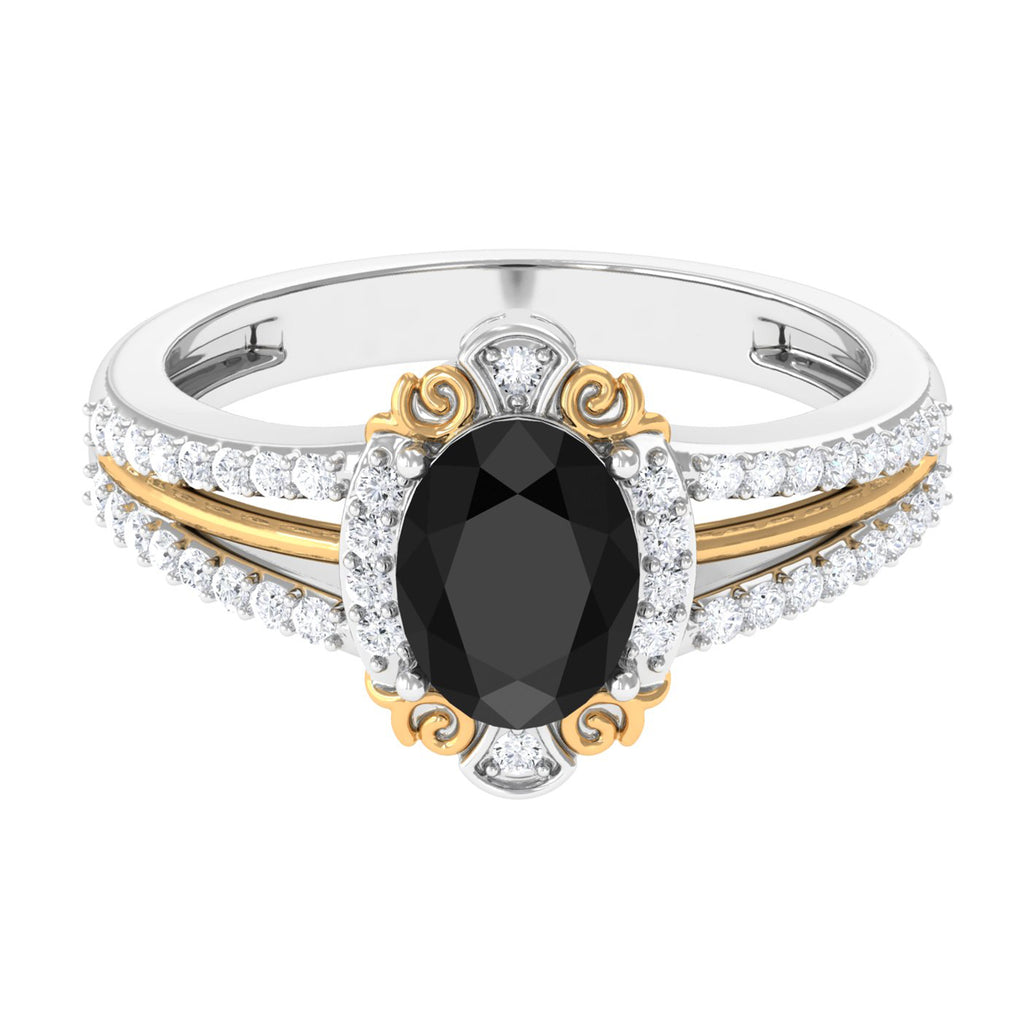 Oval Lab Grown Black Diamond Statement Engagement Ring with Accent Lab Created Black Diamond - ( AAAA ) - Quality - Vibrant Grown Labs