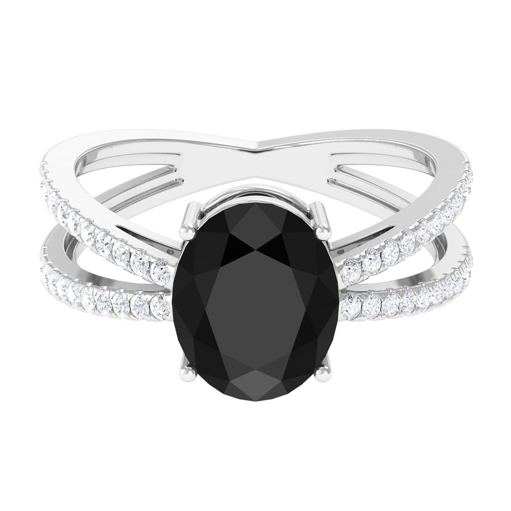 Oval Lab Grown Black Diamond Solitaire Engagement Ring with Accent Lab Created Black Diamond - ( AAAA ) - Quality - Vibrant Grown Labs