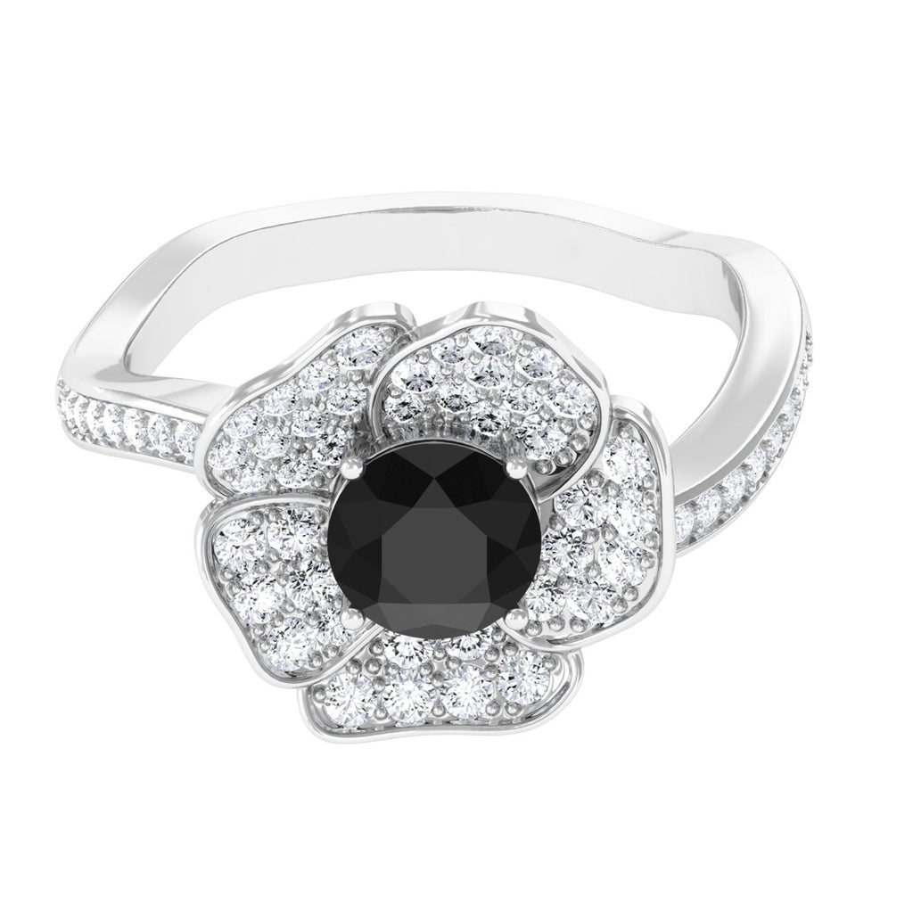 Lab Grown Black Diamond Floral Engagement Ring with Accent Lab Created Black Diamond - ( AAAA ) - Quality - Vibrant Grown Labs