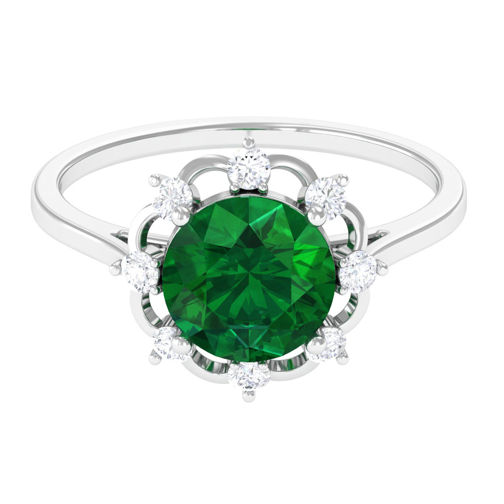 Solitaire Lab Grown Emerald Floral Ring Lab Created Emerald - ( AAAA ) - Quality - Vibrant Grown Labs