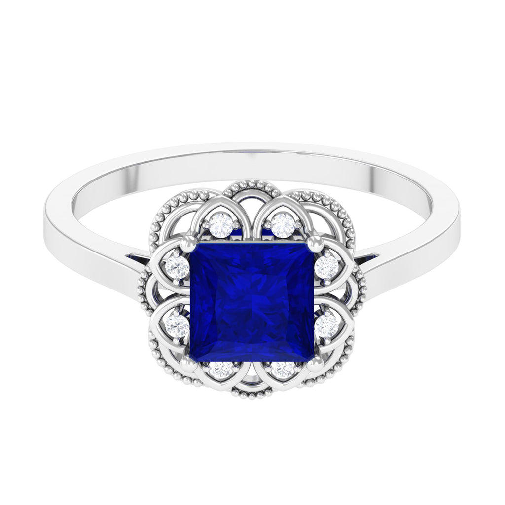 Princess Cut Lab Grown Blue Sapphire Engagement Ring Lab Created Blue Sapphire - ( AAAA ) - Quality - Vibrant Grown Labs