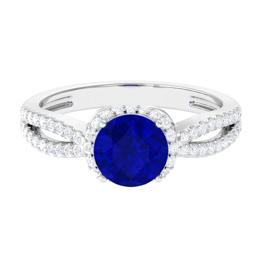 Round Lab Grown Blue Sapphire Engagement Ring with Accent Lab Created Blue Sapphire - ( AAAA ) - Quality - Vibrant Grown Labs