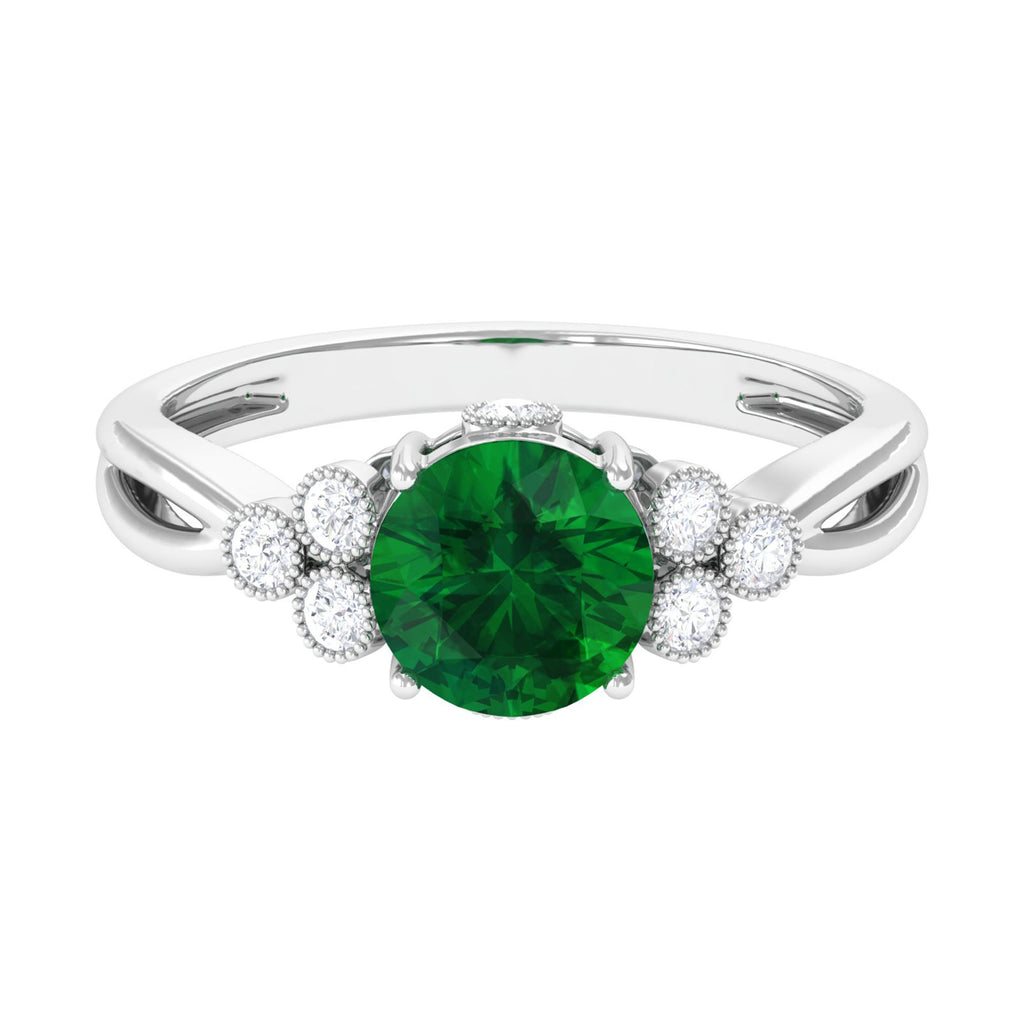 Designer Lab Grown Emerald Engagement Ring with Accent Lab Created Emerald - ( AAAA ) - Quality - Vibrant Grown Labs