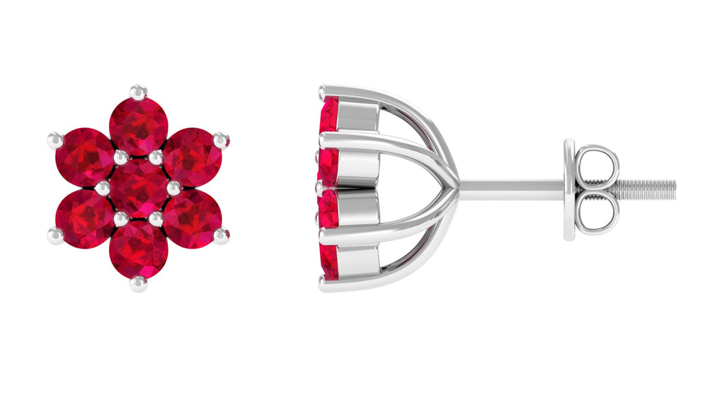 Flower Stud Earrings with Lab Grown Ruby Lab Created Ruby - ( AAAA ) - Quality - Vibrant Grown Labs