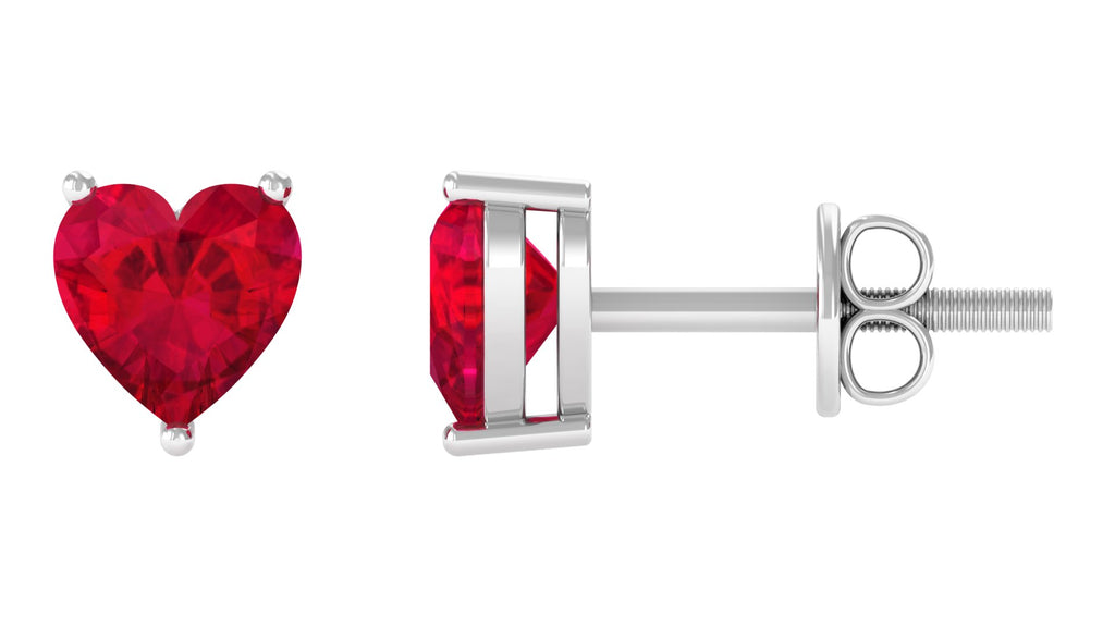 Heart Shape Lab Grown Ruby Solitaire Stud Earrings Lab Created Ruby - ( AAAA ) - Quality - Vibrant Grown Labs