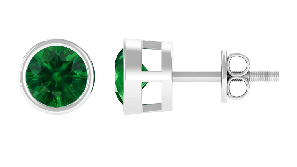 Bezel Set Lab Grown Emerald Stud Earrings Lab Created Emerald - ( AAAA ) - Quality - Vibrant Grown Labs