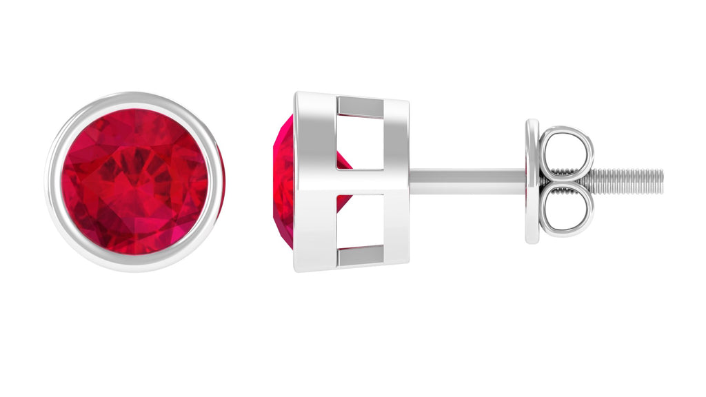 Round Shape Lab Grown Ruby Solitaire Stud Earrings Lab Created Ruby - ( AAAA ) - Quality - Vibrant Grown Labs